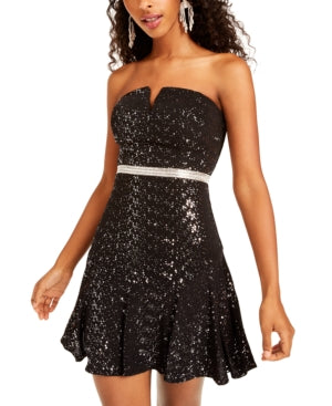 City Studios Juniors' Sequined Strapless Fit & Flare Dress 13, Black/Silver - All - Bellso